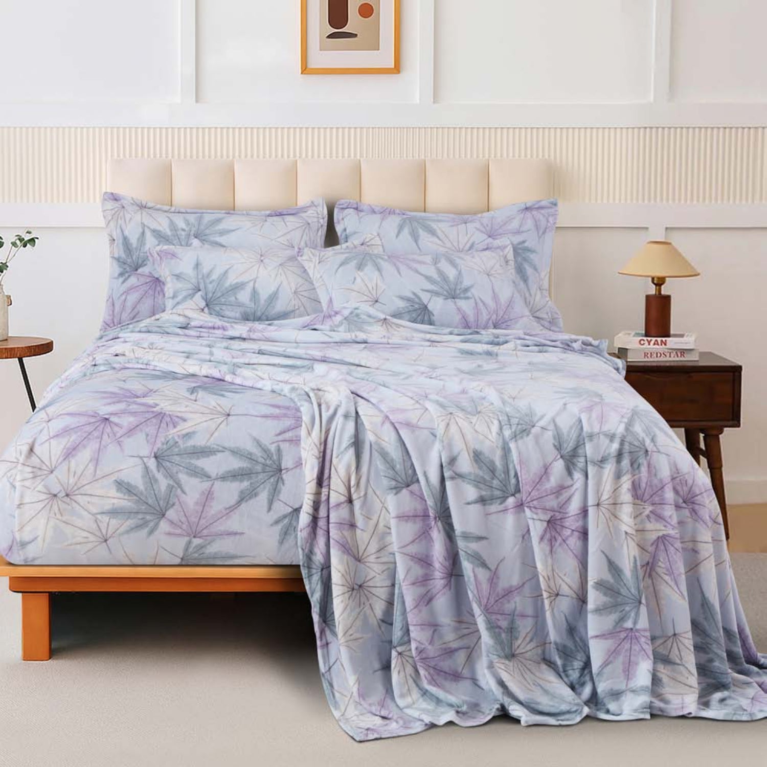 Sutton Warm Bedsheet Double bed with 2pc Pillow Cover | Lavender Leaves