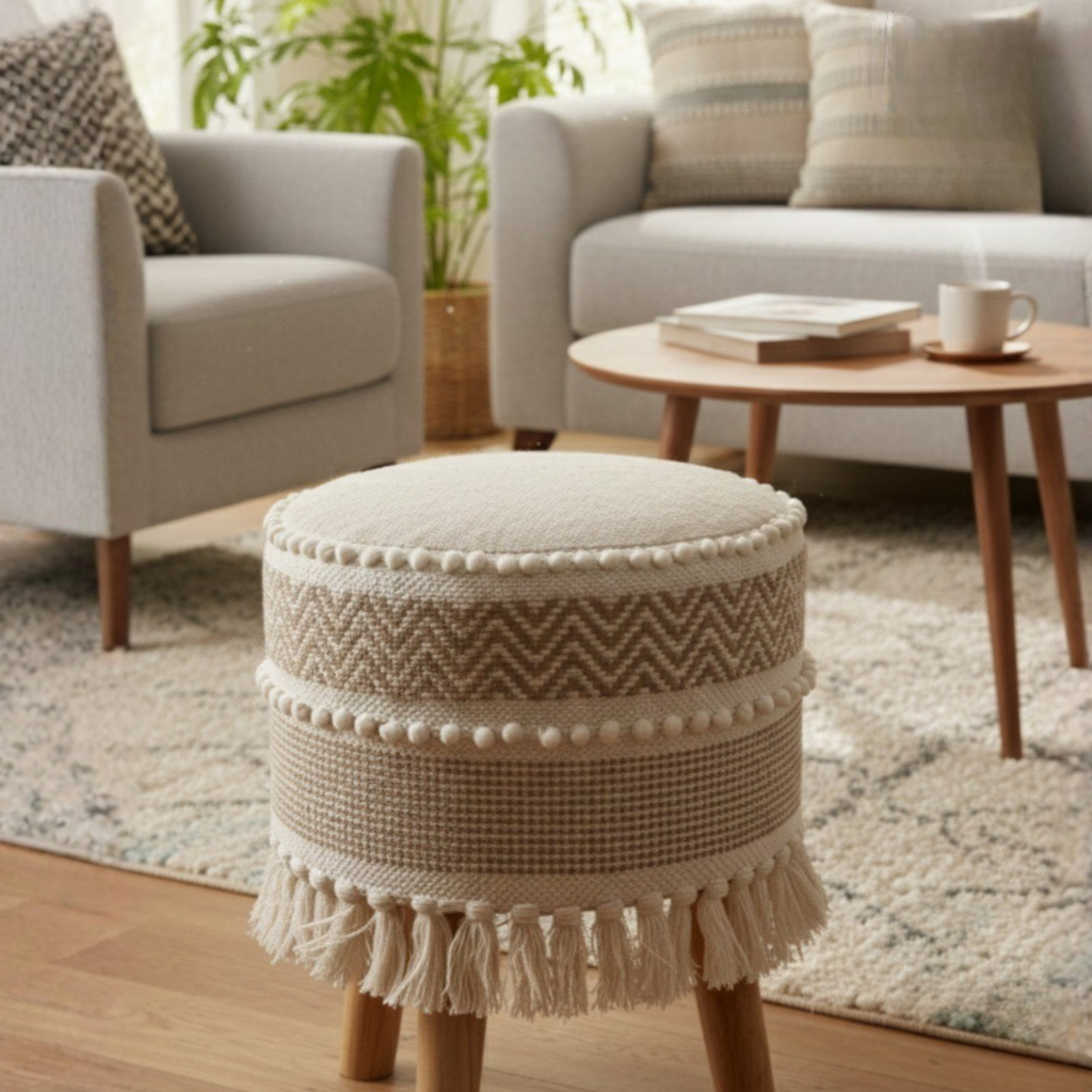 Boho Style Wooden Pouf Stool with Tassels