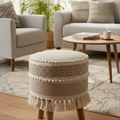 Boho Style Wooden Pouf Stool with Tassels