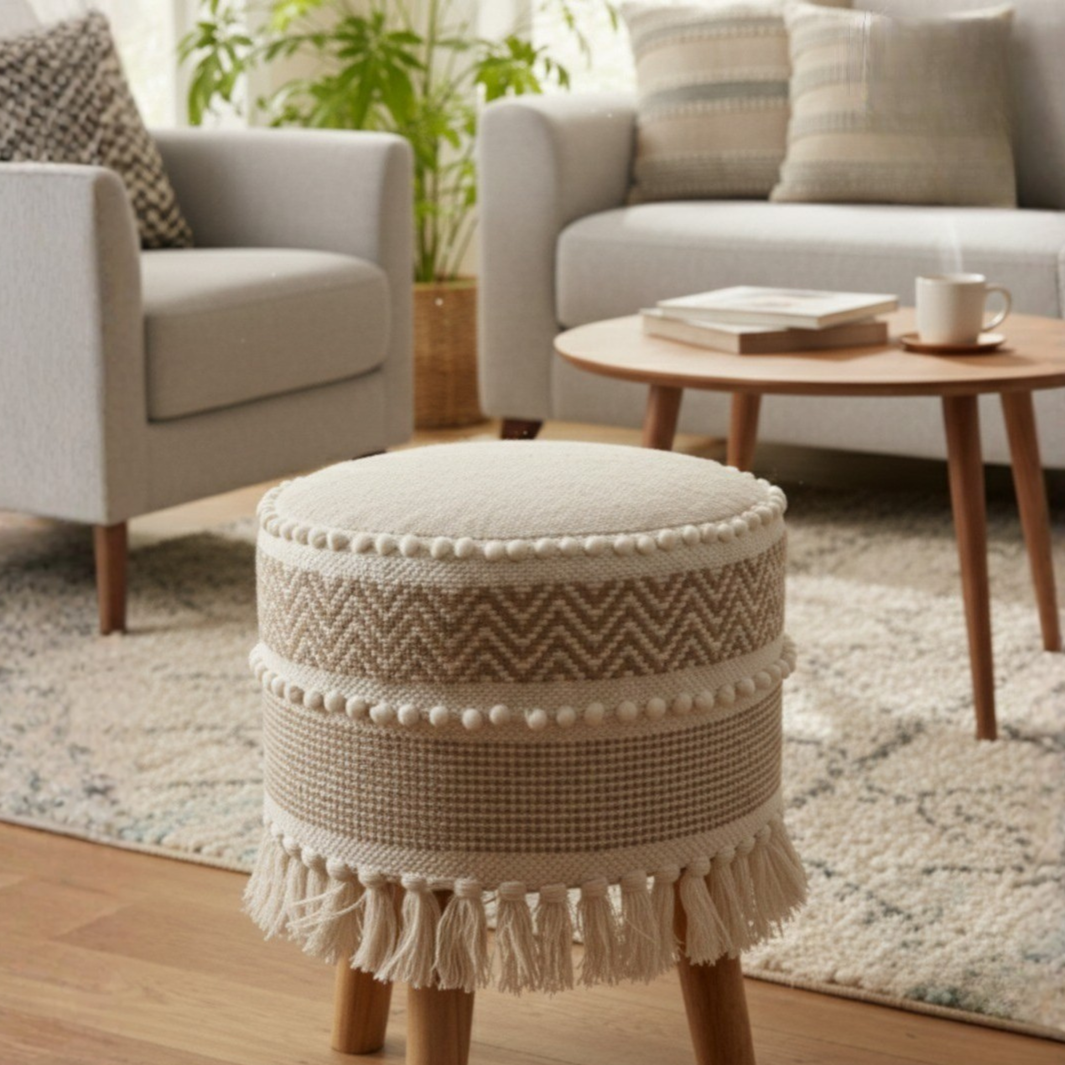 Boho Style Wooden Pouf Stool with Tassels